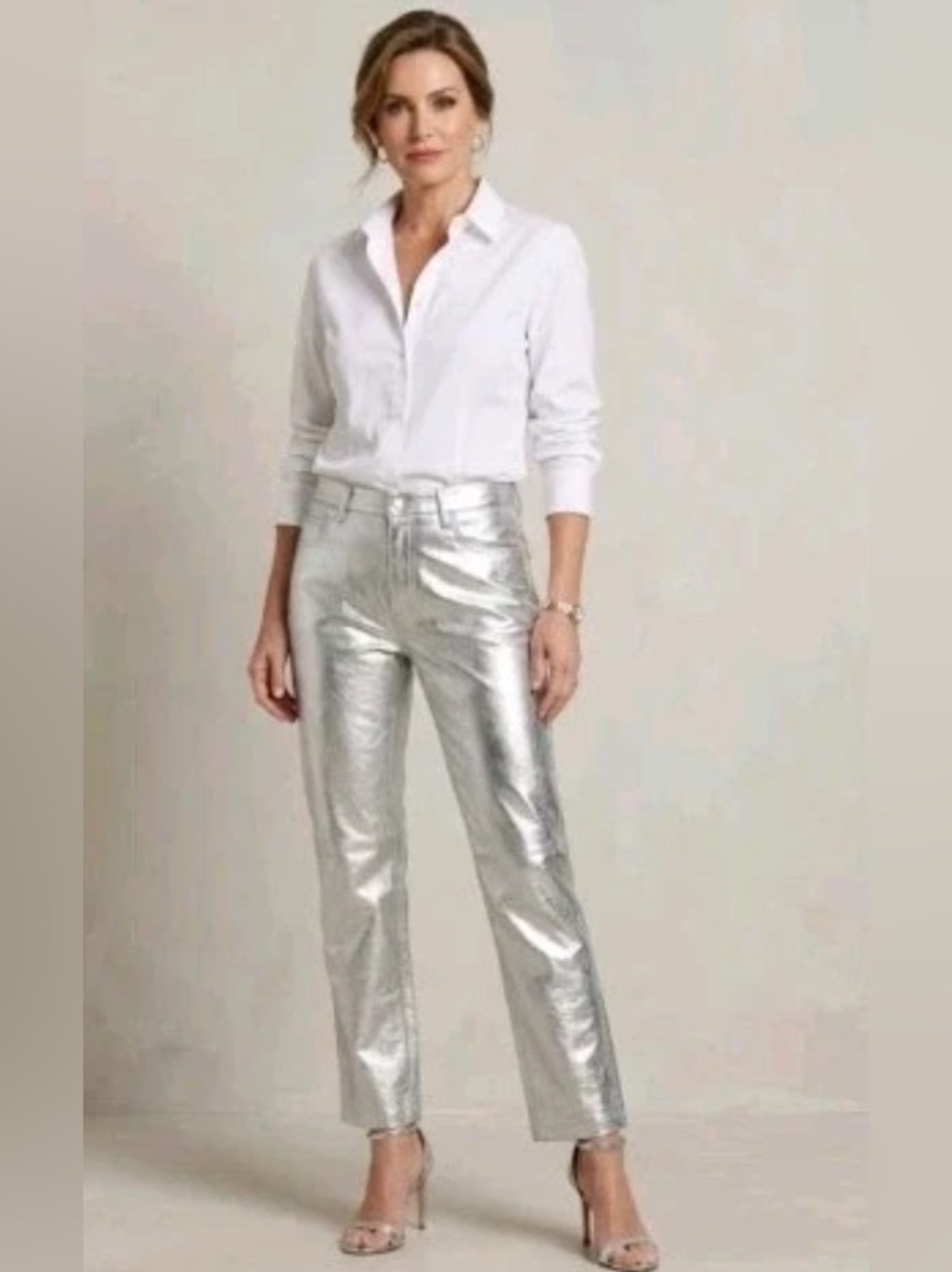 NWT Gianni Bini Metallic Silver Faux Leather Women Straight-Leg Pants Size 27